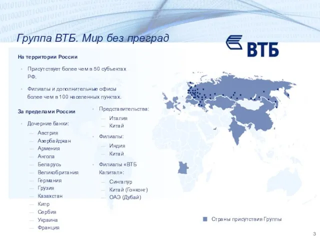 Группа ВТБ. Мир без преград На территории России Присутствует более чем в