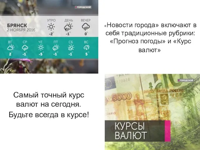 «Новости города» включают в себя традиционные рубрики: «Прогноз погоды» и «Курс Самый