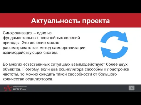 Актуальность проекта 4 Синхронизация – одно из фундаментальных нелинейных явлений природы. Это