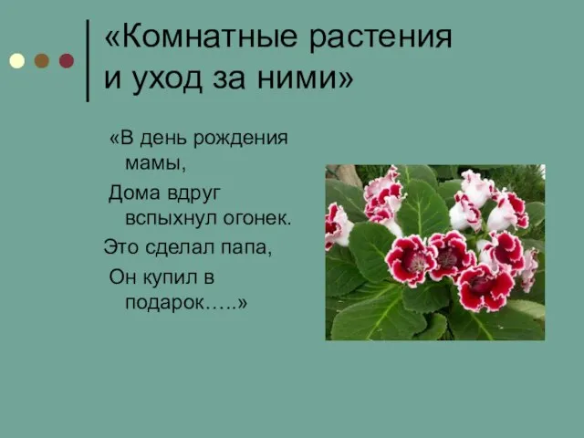 «Комнатные растения и уход за ними» «В день рождения мамы, Дома вдруг