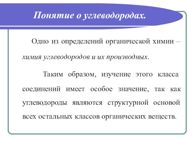 Понятие о углеводородах. Одно из определений органической химии – химия углеводородов и