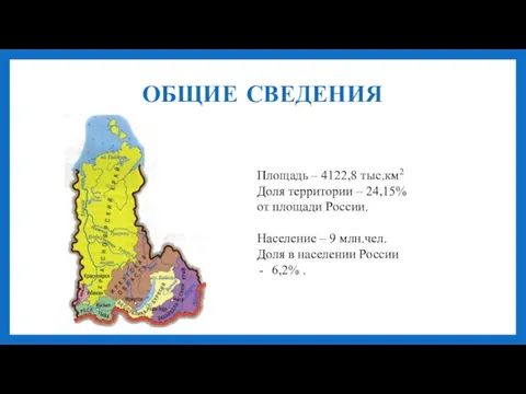 ОБЩИЕ СВЕДЕНИЯ Площадь – 4122,8 тыс.км2 Доля территории – 24,15% от площади