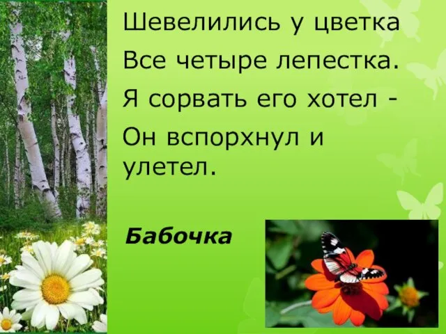 Шевелились у цветка Все четыре лепестка. Я сорвать его хотел - Он вспорхнул и улетел. Бабочка