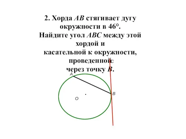 2. Хорда АВ стягивает дугу окружности в 46°. Найдите угол АВС между