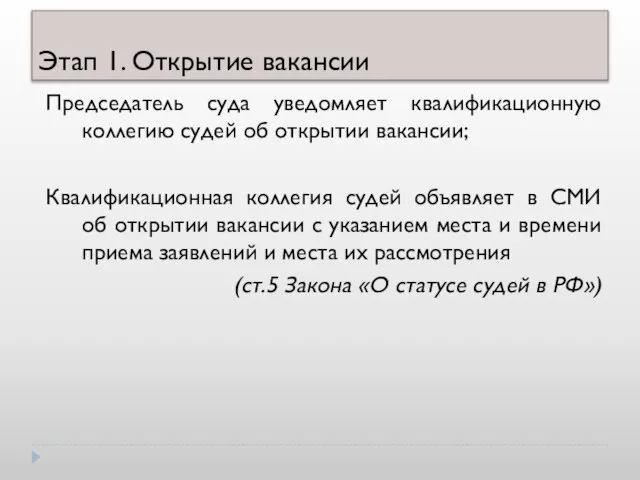 Этап 1. Открытие вакансии Председатель суда уведомляет квалификационную коллегию судей об открытии