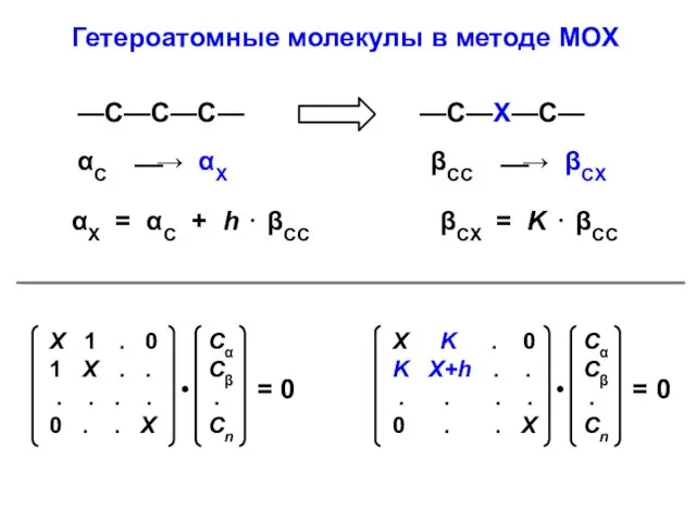 Гетероатомные молекулы в методе МОХ —С—С—С— αС ⎯→ αX βCC ⎯→ βCX