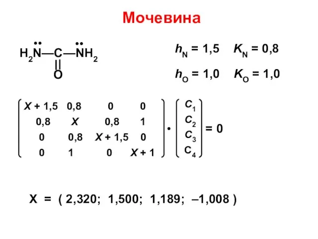 Мочевина X = ( 2,320; 1,500; 1,189; –1,008 )