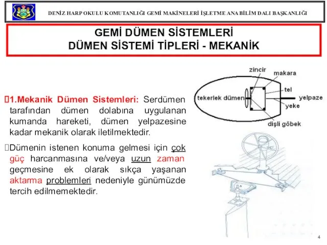 GEMİ DÜMEN SİSTEMLERİ DÜMEN SİSTEMİ TİPLERİ - MEKANİK 1.Mekanik Dümen Sistemleri: Serdümen