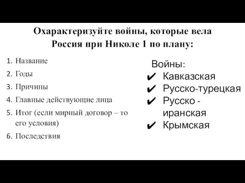 Охарактеризуйте войны, которые вела Россия при Николе 1 по плану: Название Годы