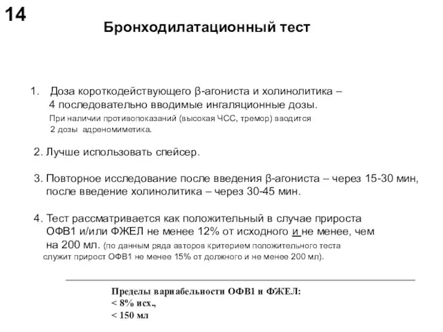 Бронходилатационный тест Доза короткодействующего β-агониста и холинолитика – 4 последовательно вводимые ингаляционные