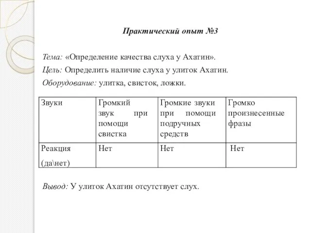 Практический опыт №3 Тема: «Определение качества слуха у Ахатин». Цель: Определить наличие