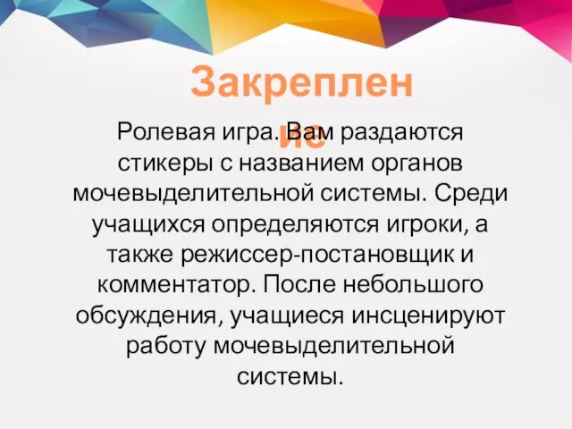 Закрепление Ролевая игра. Вам раздаются стикеры с названием органов мочевыделительной системы. Среди