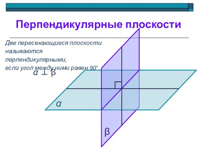 Перпендикулярные плоскости Две пересекающиеся плоскости называются перпендикулярными, если угол между ними равен