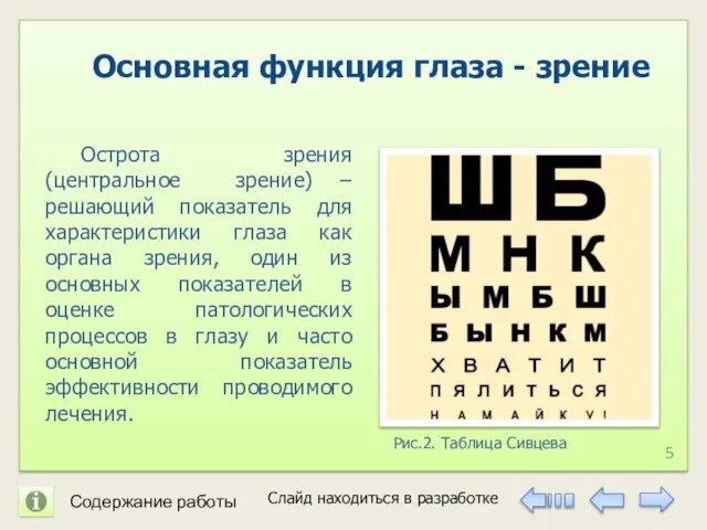 Слайд находиться в разработке Острота зрения (центральное зрение) – решающий показатель для