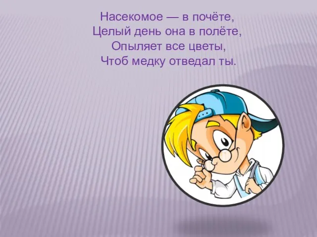 Насекомое — в почёте, Целый день она в полёте, Опыляет все цветы, Чтоб медку отведал ты.