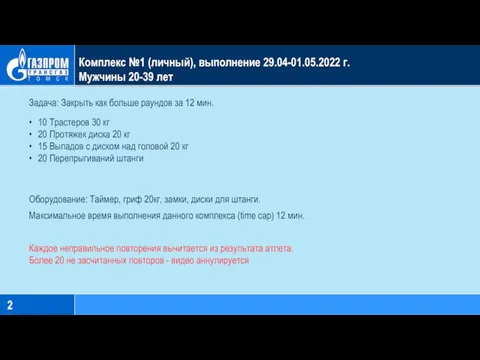 Комплекс №1 (личный), выполнение 29.04-01.05.2022 г. Мужчины 20-39 лет Задача: Закрыть как