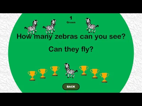 How many zebras can you see? Can they fly? 1 Green BACK