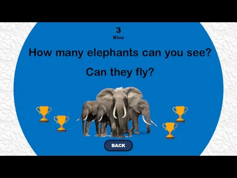 3 Blue BACK How many elephants can you see? Can they fly?
