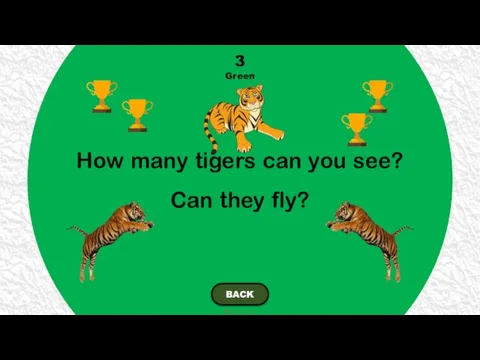 How many tigers can you see? Can they fly? 3 Green BACK