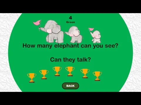 How many elephant can you see? Can they talk? 4 Green BACK