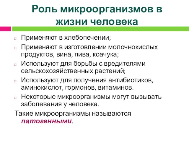 Роль микроорганизмов в жизни человека Применяют в хлебопечении; Применяют в изготовлении молочнокислых