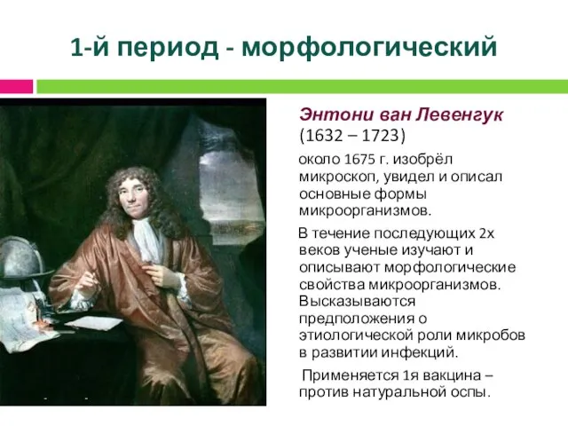 1-й период - морфологический Энтони ван Левенгук (1632 – 1723) около 1675