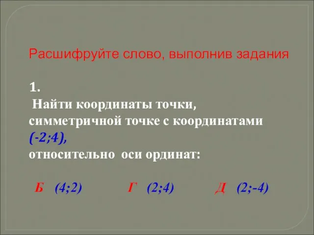 Расшифруйте слово, выполнив задания 1. Найти координаты точки, симметричной точке с координатами