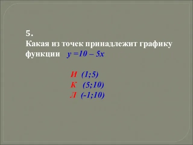 5. Какая из точек принадлежит графику функции y =10 – 5x И