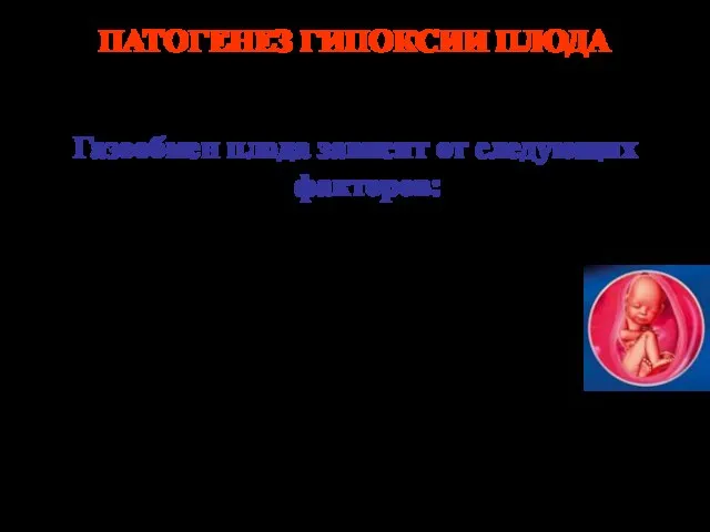 ПАТОГЕНЕЗ ГИПОКСИИ ПЛОДА Газообмен плода зависит от следующих факторов: содержания кислорода и