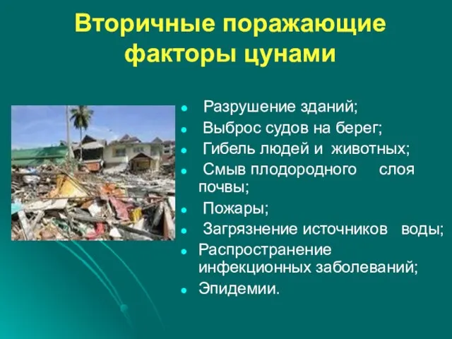 Вторичные поражающие факторы цунами Разрушение зданий; Выброс судов на берег; Гибель людей