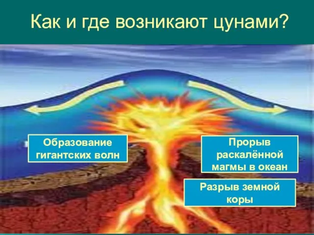 Как и где возникают цунами? Образование гигантских волн Прорыв раскалённой магмы в океан Разрыв земной коры