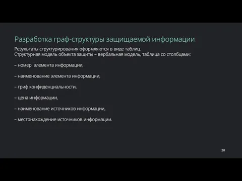 Результаты структурирования оформляются в виде таблиц. Структурная модель объекта защиты – вербальная