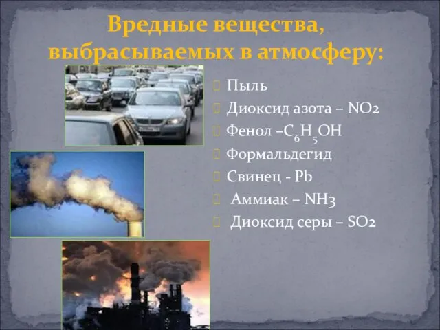 Вредные вещества, выбрасываемых в атмосферу: Пыль Диоксид азота – NO2 Фенол –C6H5OH