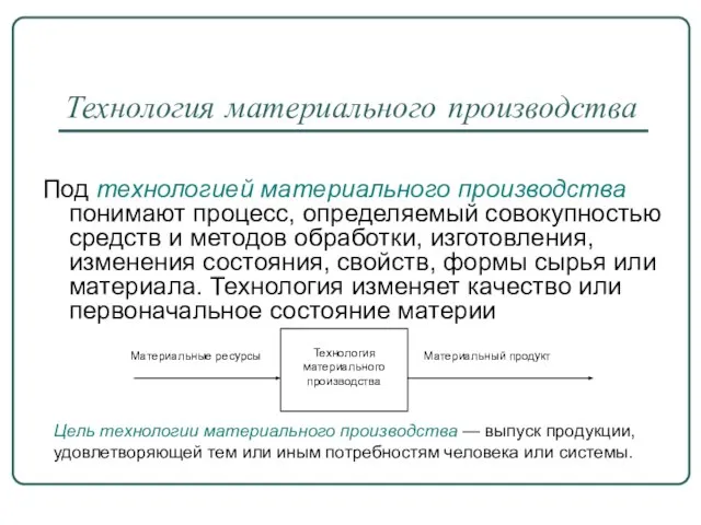 Технология материального производства Под технологией материального производства понимают процесс, определяемый совокупностью средств