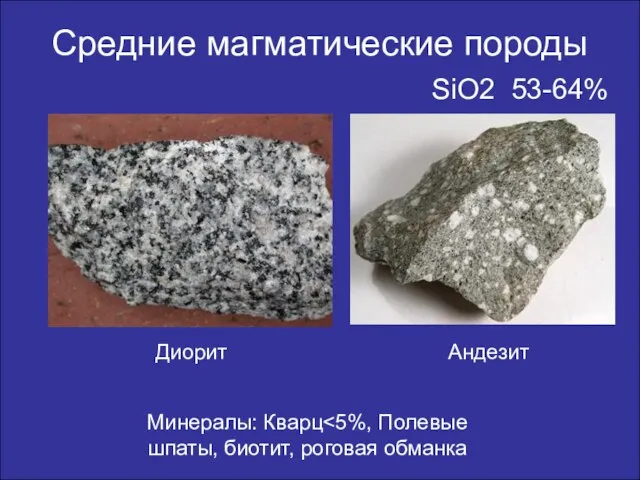 Средние магматические породы Диорит Андезит SiO2 53-64% Минералы: Кварц
