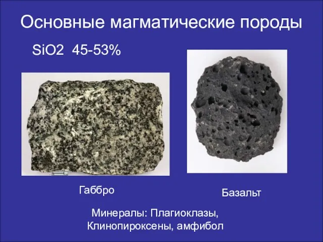 Основные магматические породы Габбро Базальт SiO2 45-53% Минералы: Плагиоклазы, Клинопироксены, амфибол