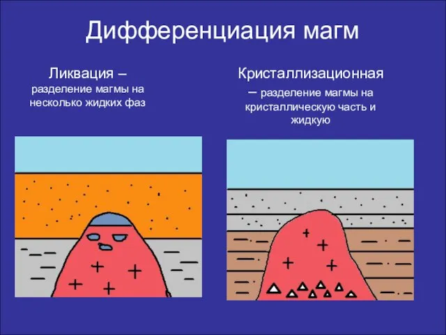 Дифференциация магм Ликвация – разделение магмы на несколько жидких фаз Кристаллизационная –