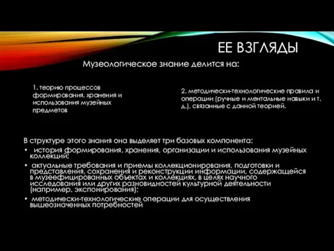 ЕЕ ВЗГЛЯДЫ В структуре этого знания она выделяет три базовых компонента: история