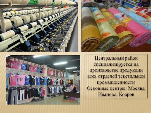 Центральный район специализируется на производстве продукции всех отраслей текстильной промышленности. Основные центры: Москва, Иваново, Ковров