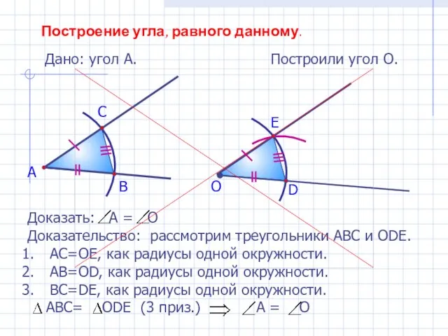 Построение угла, равного данному. Дано: угол А. А Построили угол О. В