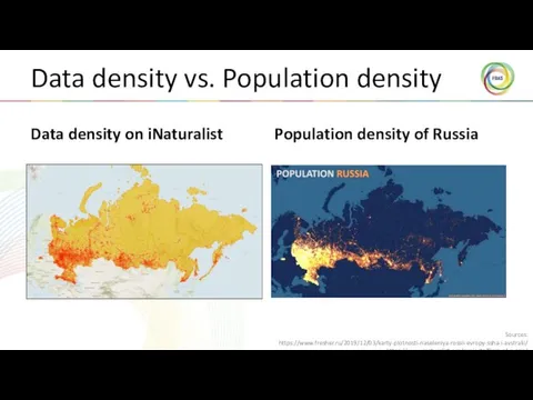 Data density vs. Population density Data density on iNaturalist Population density of Russia Sources: https://www.fresher.ru/2019/12/03/karty-plotnosti-naseleniya-rossii-evropy-ssha-i-avstralii/ https://www.inaturalist.org/projects/flora-of-russia/