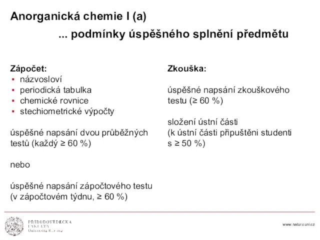 www.natur.cuni.cz Anorganická chemie I (a) ... podmínky úspěšného splnění předmětu Zápočet: názvosloví