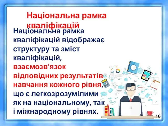 Національна рамка кваліфікацій Національна рамка кваліфікацій відображає структуру та зміст кваліфікацій, взаємозв'язок