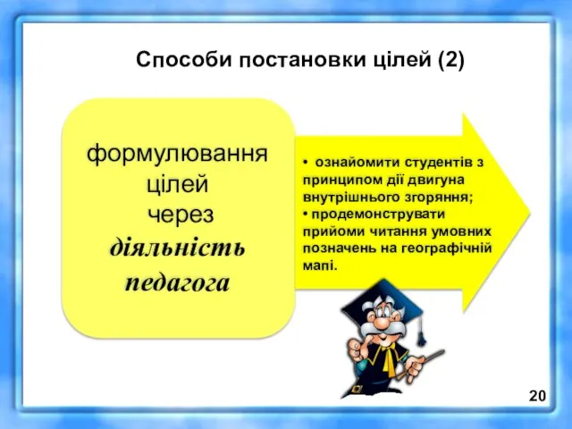 Способи постановки цілей (2) формулювання цілей через діяльність педагога • ознайомити студентів