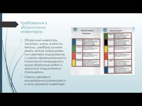 Требования к уборочному инвентарю Уборочный инвентарь (тележки, мопы, емкости, ветошь, швабры) должен