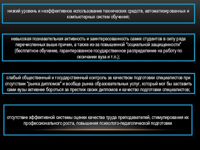 низкий уровень и неэффективное использование технических средств, автоматизированных и компьютерных систем обучения;