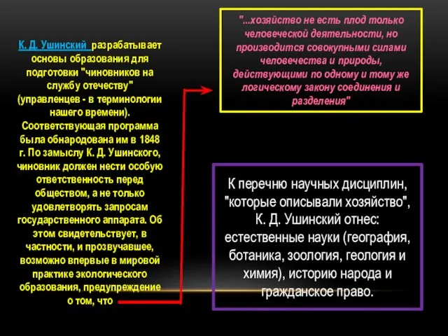 К. Д. Ушинский разрабатывает основы образования для подготовки "чиновников на службу отечеству"