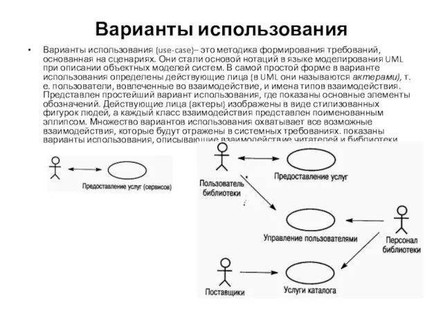 Варианты использования Варианты использования (use-case)– это методика формирования требований, основанная на сценариях.