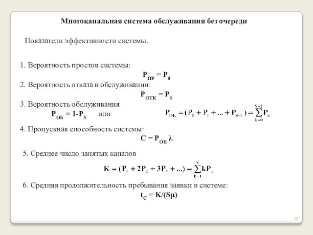 Многоканальная система обслуживания без очереди 1. Вероятность простоя системы: PПР = P0