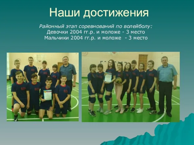 Наши достижения Районный этап соревнований по волейболу: Девочки 2004 гг.р. и моложе